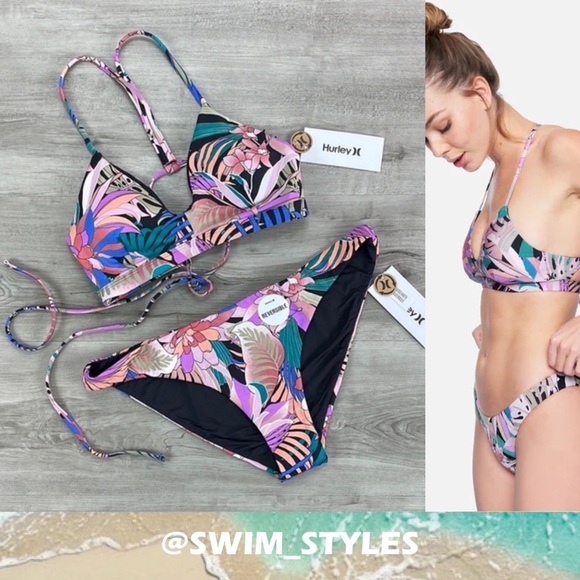 ☀️HURLEY☀️ Palm Paradise Adj Surf Top Palm Paradise Mod Surf Bottom BIKINI SET - Picture 1 of 15